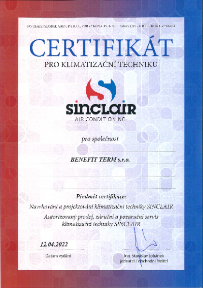 Sinclair certifikát partner BenefitTerm s.r.o
